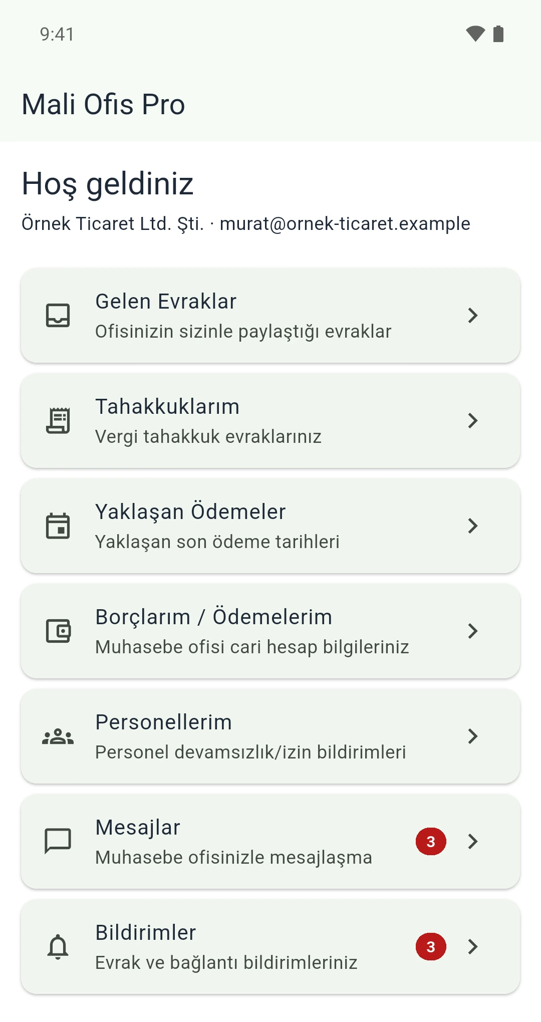 MOP Mobil mükellef görünümü: ofisin paylaştığı evraklar, tahakkuklar, yaklaşan ödemeler, personel bildirimleri, mesajlar ve bildirimler.